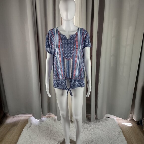 Ruby Rd. Women's Must Haves II Tribal Indigo Multi Color Print Top Size Large - Picture 2 of 12